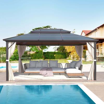 TEMU 12'x16' Outdoor Polycarbonate Double Roof Gazebo Curtains Aluminum Frame With Netting For Garden, Patio