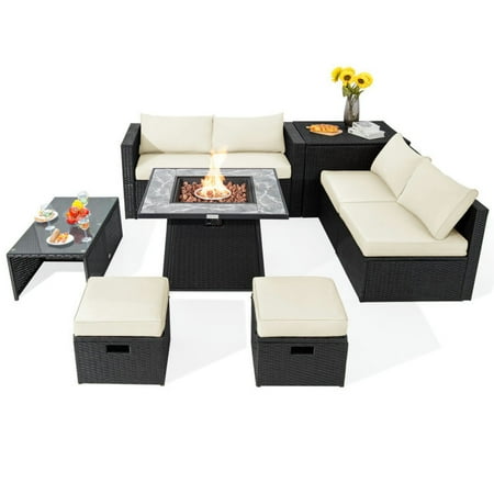 Topcobe 9 Pieces Outdoor Wicker Sectional with 35 Inch Gas Fire Pit Table Modern Patio Furniture Set-White