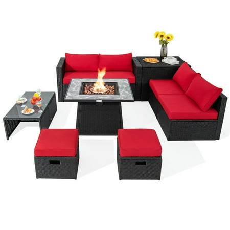 Topcobe 9 Pieces Outdoor Wicker Sectional with 35 Inch Gas Fire Pit Table Modern Patio Furniture Set-Red