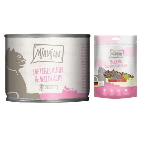 MjAMjAM Kombi-Paket: 12x 200g saftiges Huhn und Wildlachs Nassfutter + 3x 125g Snackbag...