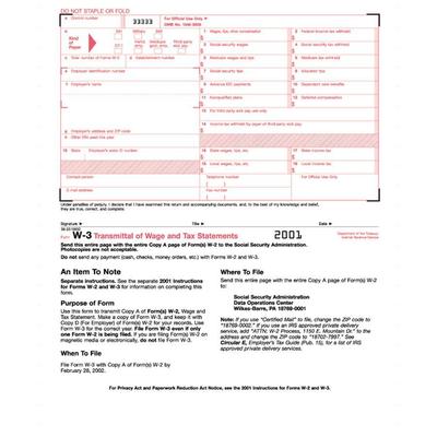 TOPS 2203 W-3 Tax Form, Lttr, 2-Part Carbonless, 10 Continuous Forms - Pack of 10