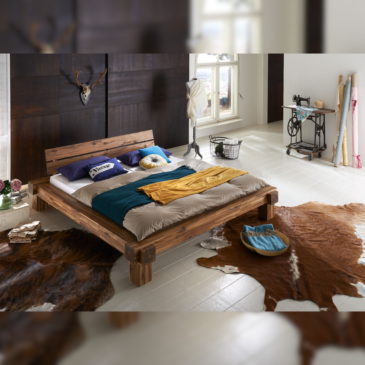 SAM® Massivholzbett Balkenbett 200 x 200 cm aus Akazie ELKE Image