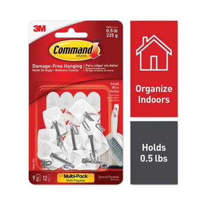 Command General Purpose Wire Hooks Multi-Pack, Small, 0.5 lb Cap, White, 9 Hooks and 12 Strips/Pack (MMM170679ES)