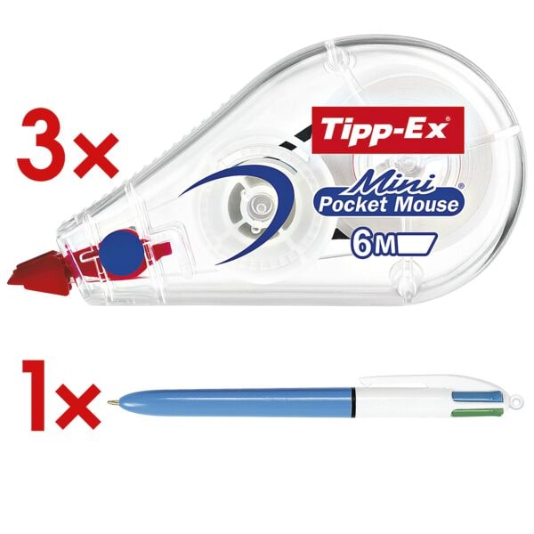 Tipp-Ex 3x Einweg-Korrekturroller »Mini Pocket Mouse« inkl. 4-Farb-Kugelschreiber »4 Col weiß Image