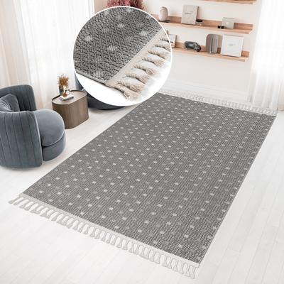 Teppich BRUNO BANANI "Dotty" Gr. 6, beige (creme, grau), B:200cm H:6mm L:290cm, Kunstfaser, Teppiche, Woll-Optik, Hoch-Tief Struktur, In- und Outdoor geeignet, mit Fransen Image