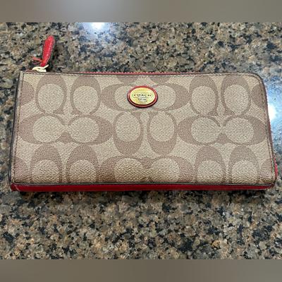 Coach Bags | Coach Wallet- Red And Signature Tan Canvas Zippered Wallet | Color: Red/Tan | Size: Os
