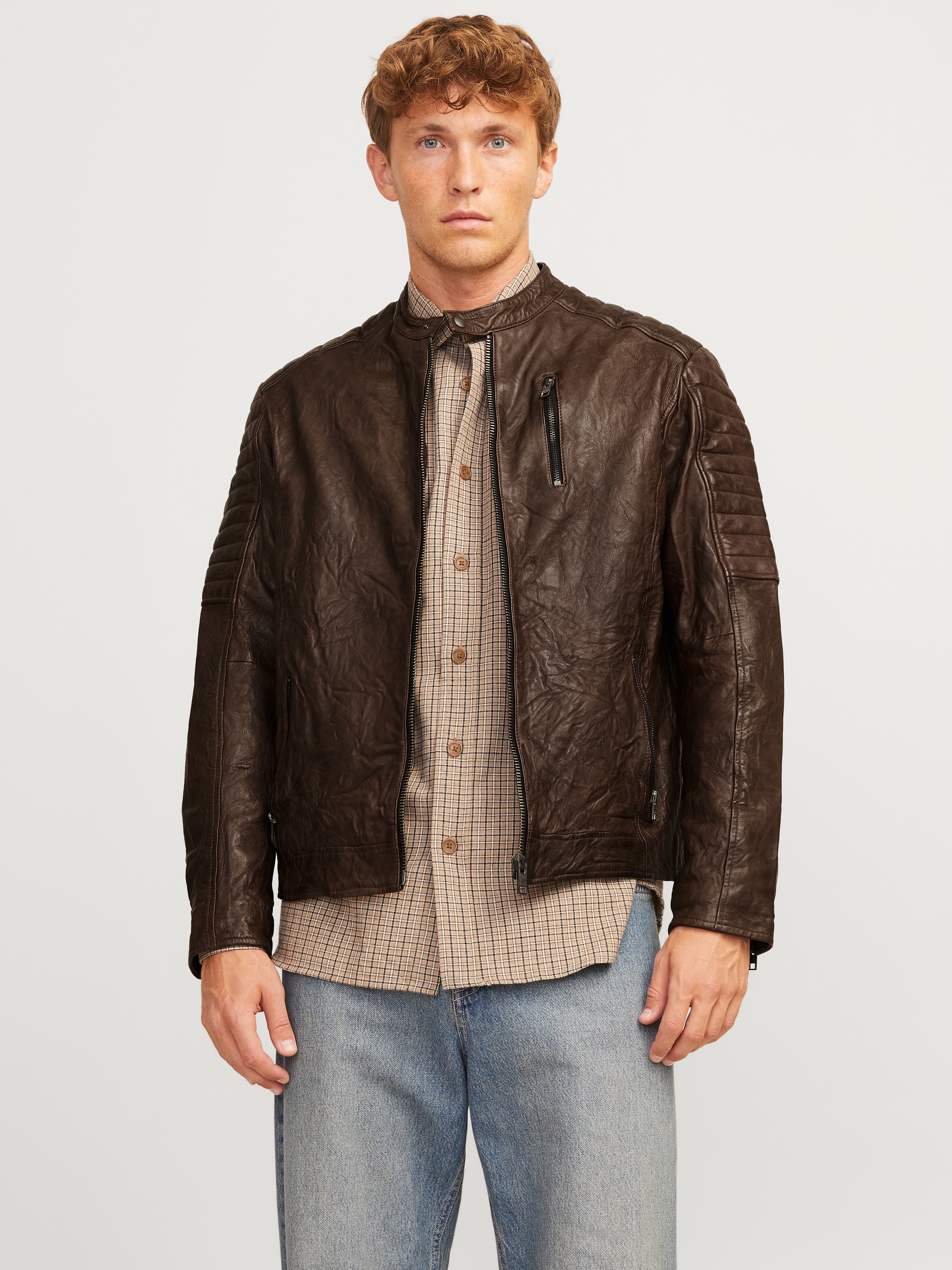 Lederjacke JACK & JONES "JJERICHARD LEATHER JACKET NOOS", Herren, Gr. S, braun (braun stone), Web, Obermaterial: 100% Lammleder, unifarben, normal, 1-Knopf-Manschette, Jacken