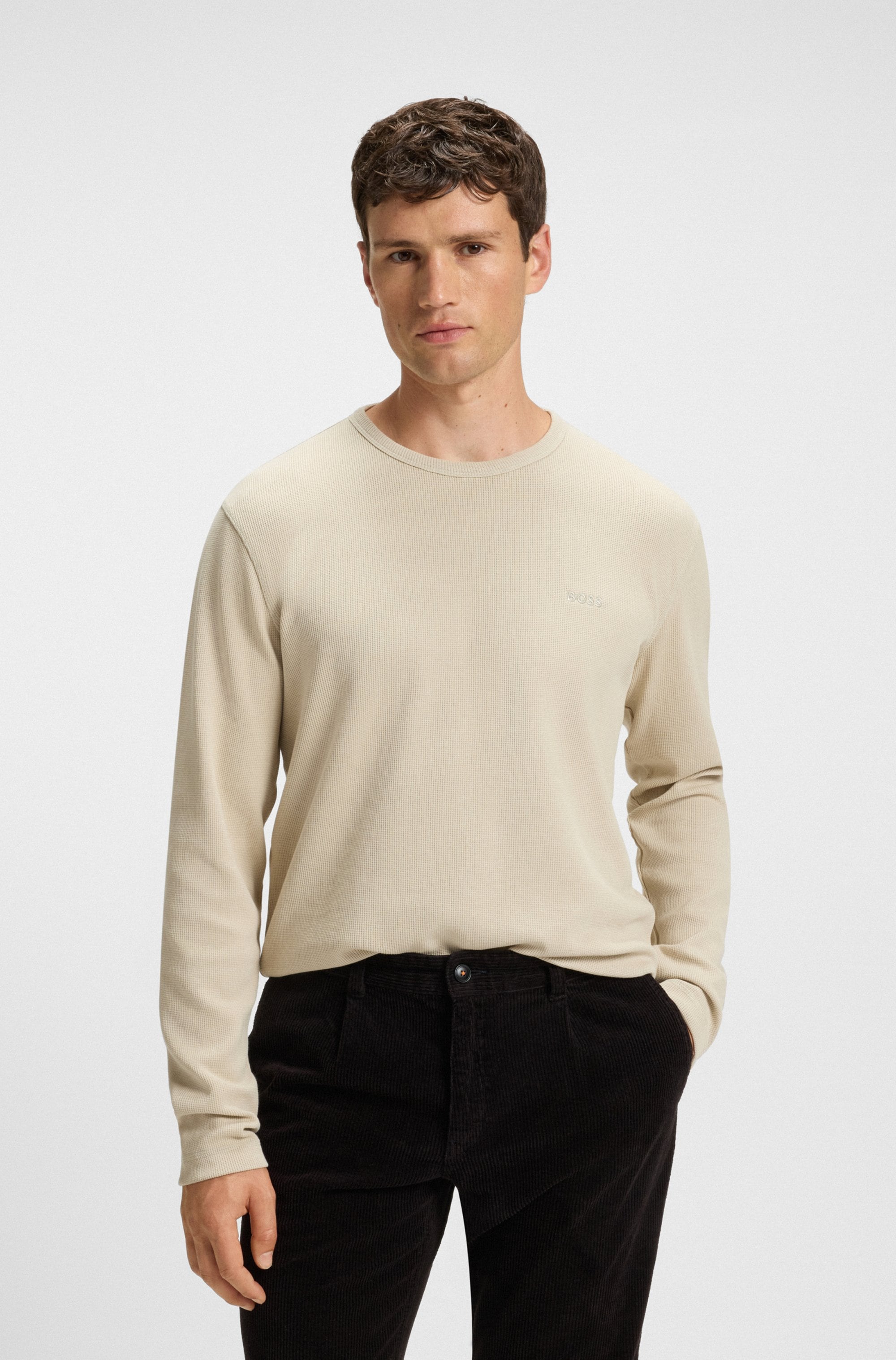 Langarmshirt BOSS ORANGE "Tempesto", Herren, Gr. M, beige (light beige271), Single Jersey, Obermaterial: 78% Baumwolle, 15% Polyacryl, 7% Elasthan, unifarben, regular fit normal, Rundhals, Shirts Langarmshirt, mit BOSS-Stickerei