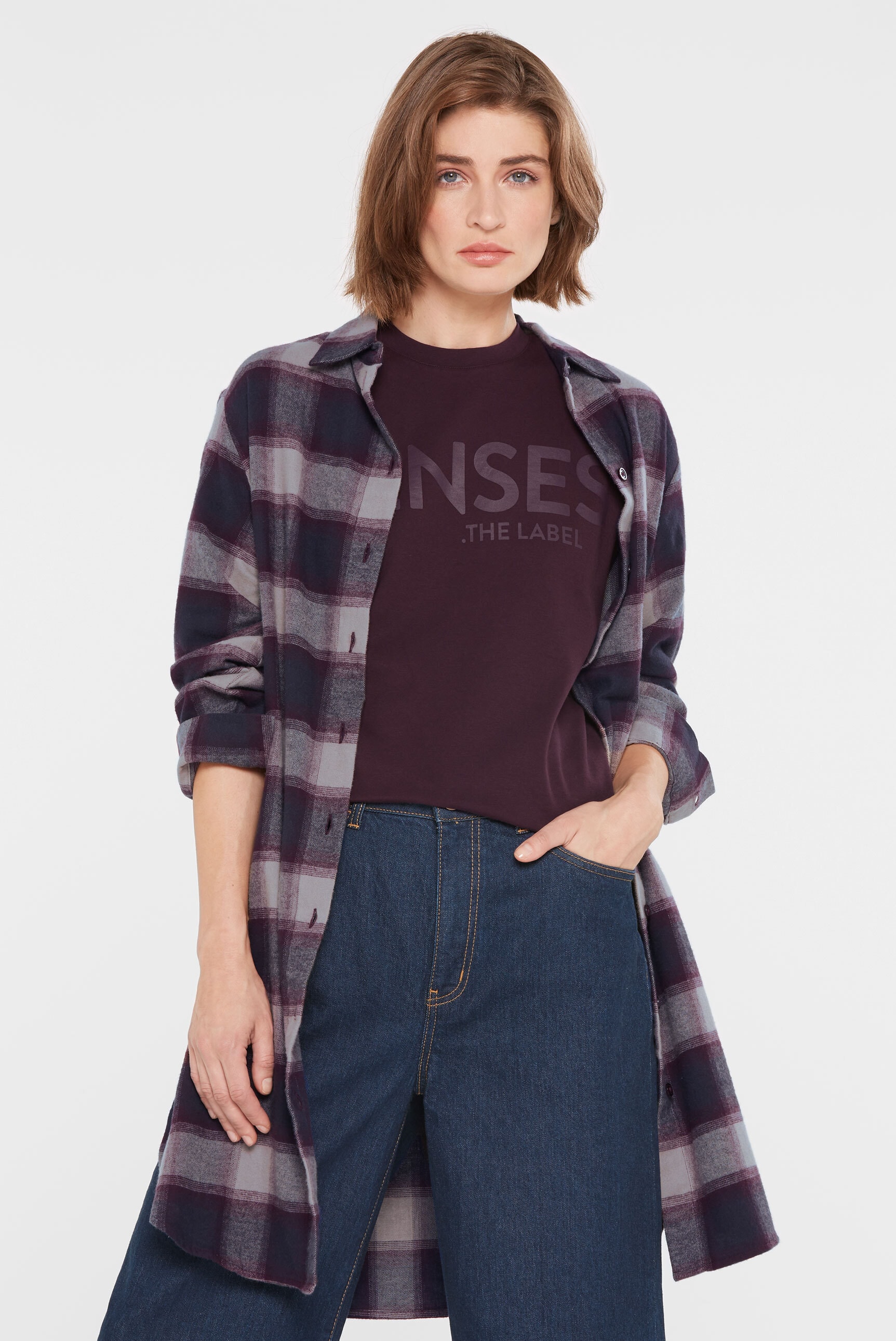 Karokleid SENSES.THE LABEL, Damen, Gr. XL, US-Größen, lila (deep plum), Material: 100% Baumwolle, kariert, lässig geschnitten Midi, hoch geschlossener Ausschnitt, Ärmel mit Ärmelschlitz 1-Knopf-Manschette, Kleider, aus Baumwolle