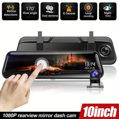 TEMU 10-inch 1080p Hd Dual Camera Car Dvr With Full Screen Streaming, Touchscreen, Lenses & Night Vision Loop Recording