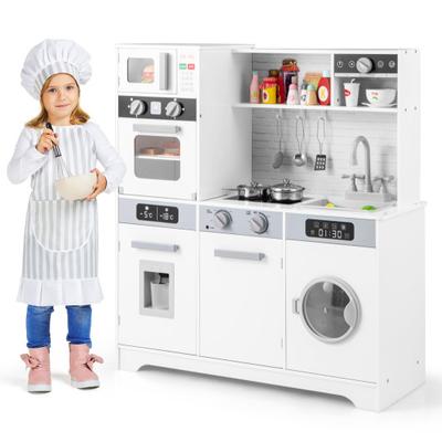 Costway Pretend Play Kitchen Wooden Toy Set Kitchen Accessory Playset with Real Lights Sounds-White