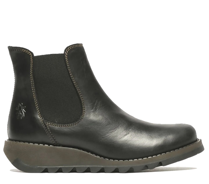 Fly London Damen SALV Chelsea-Stiefel aus Leder mit Keilabsatz, Schwarz