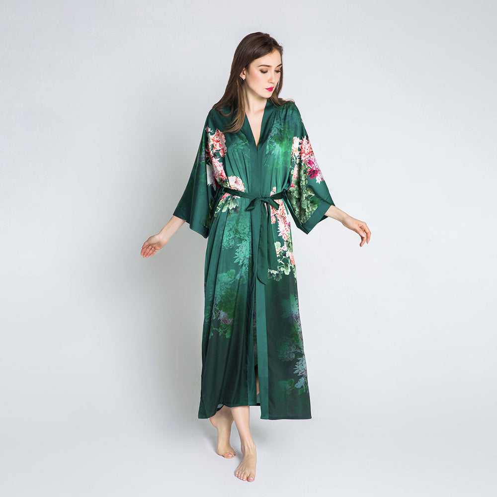 KIM+ONO Kimono Robe | Coral Chrysanthemum Long Kimono Robe | Polyester Charmeuse | Emerald | Long
