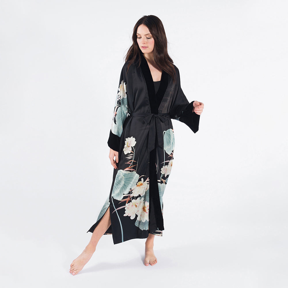 KIM+ONO Kimono Robe | Maren Long Kimono Wrap | Polyester Charmeuse | Black | Long