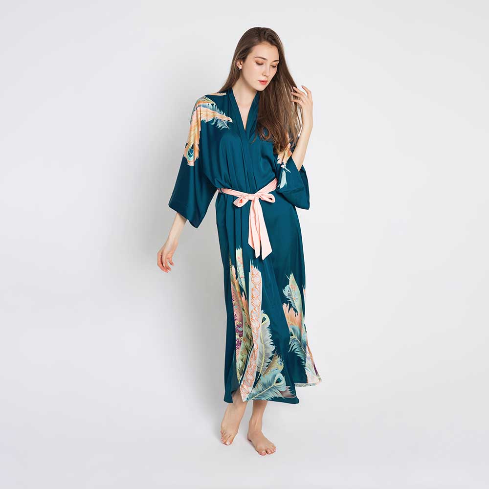 Peacock Feather Kimono Robe - Long | Peacock Robe | KIM+ONO - teal / one size