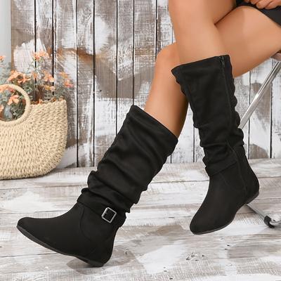 TEMU Chic Women's Mid-calf Boots - , Side Zipper, Round Toe, Flat Heel | Comfortable & For All | Office, Outdoor & Casual Wear