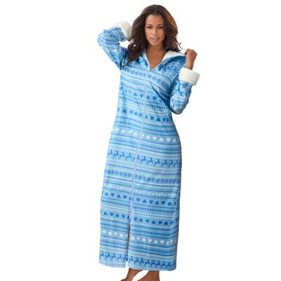 Plus Size Women's Sherpa-Lined Long Hooded Robe by Dreams & Co. in Sky Blue Fair Isle (Size L)