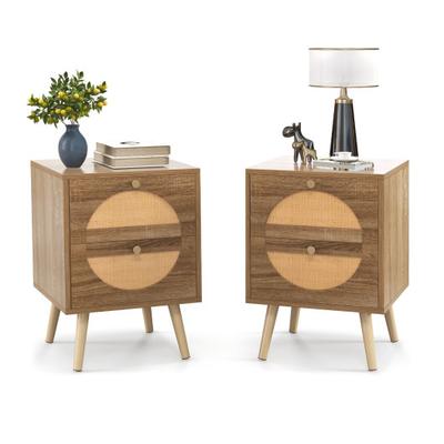 Costway Set of 2 Rattan Nightstand with 2 Drawers and Solid Wood Legs-Natual