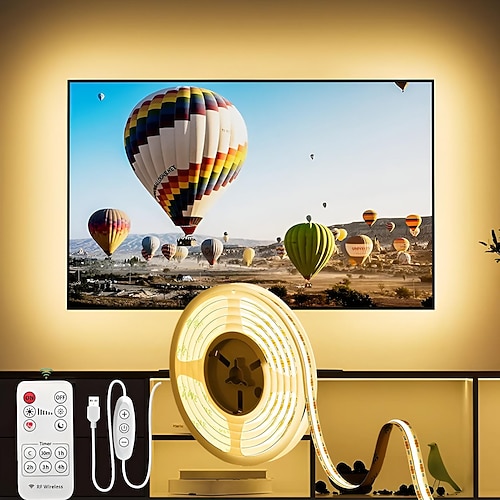 USB-COB-LED-Lichtstreifen, dimmbare 1–3 m TV-Hintergrundbeleuchtung, 300 LEDs/m, CRI85 mit HF-Fernbedienung, flexibles Lichtband für DIY-Schlafzimmer, Küche, Unterschrankbeleuchtung Image