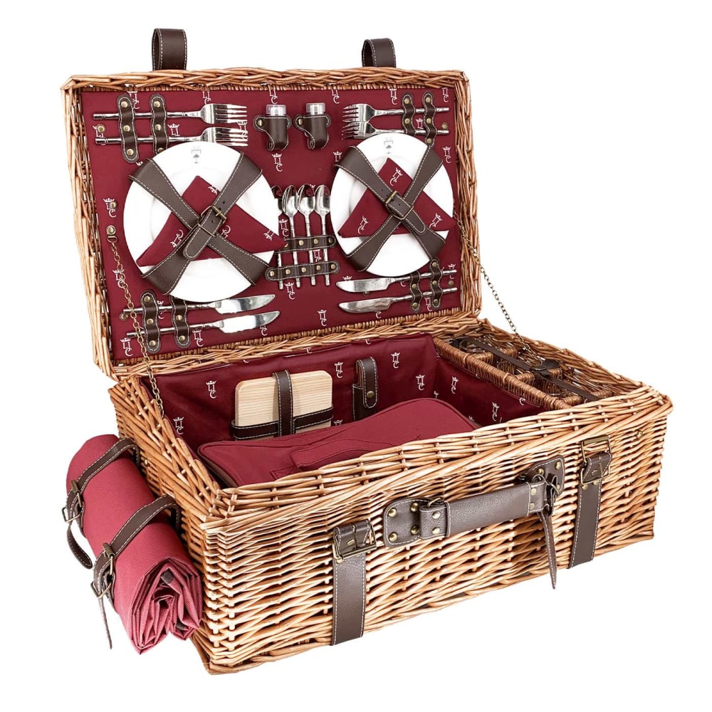 Malle pique-nique osier et cuir Champs-Elysées bordeaux - 4 personnes