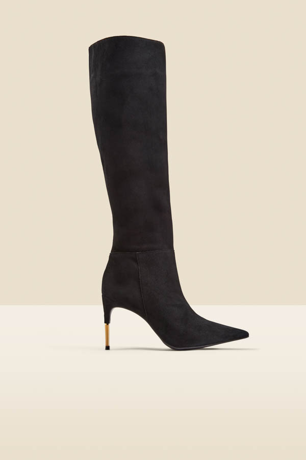 Sosandar Womens Black Suede Knee High Boot With Gold Heel Detail - Size UK 5 | Sosandar Sale | Discount Designer Brands