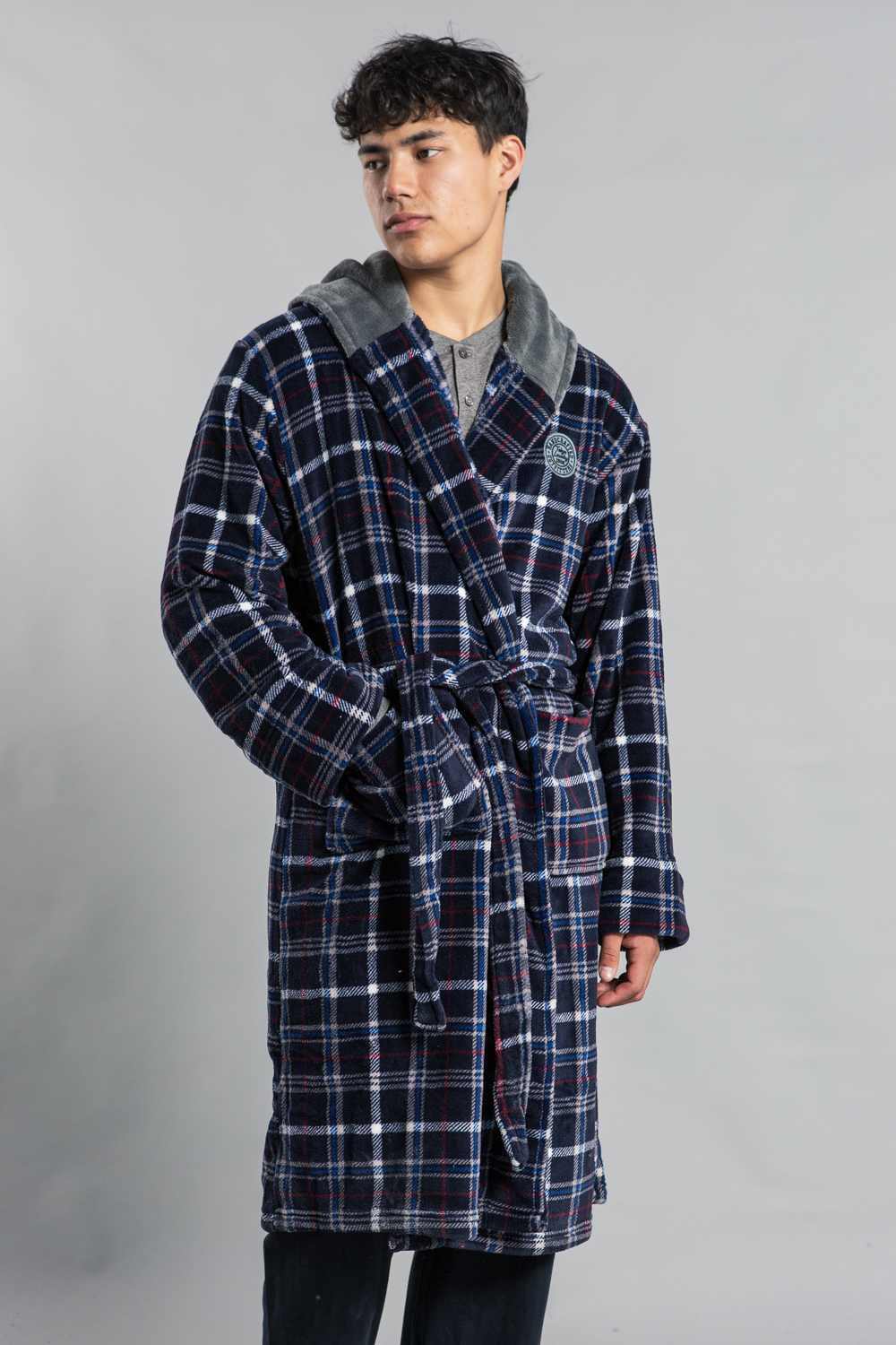 Tokyo Laundry Mens Navy Hooded Check Dressing Gown - Size Large | Tokyo Laundry Sale | Discount Designer Brands