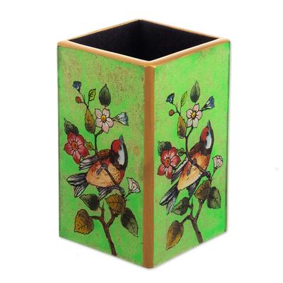 Spring Prairies,'Bird-Themed Reverse-Painted Wood Pen Holder in Green'