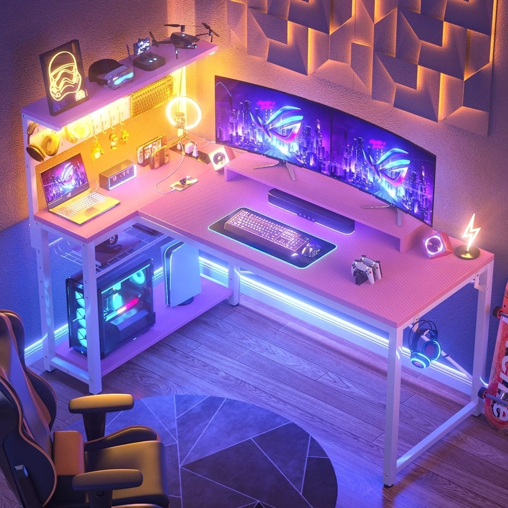 51" Carbon Fibre Computer Desk Power Outlets & RGB Light Gamer Pink