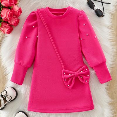 TEMU Girls Sweet & Casual Long Sleeve Beads + Bow Decor Dress For Fall & Winter, Perfect For Daily Wear & Birthday Party Outdoors