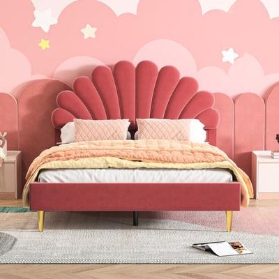 Doppelbett Polsterbett 140 x 200 cm mit blütenblattförmigem Kopfteil, Lattenrost, Bettrahmen, Image
