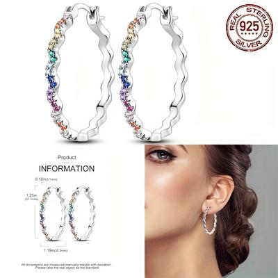 TEMU Elegant 925 Sterling Silvery Hoop Earrings With - Luxurious & Simple, Weddings & Parties, Synthetic Zirconia