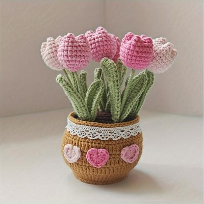 TEMU Handcrafted Crochet Tulips In Pot Dashboard Ornament, Fabric Flowers Bonsai Arrangement, Vehicle Decor Accessory, Handmade Yarn Potted Tulips For Home And Garden Decoration