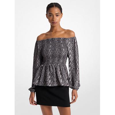 Michael Kors Snake Print Satin Back Crepe Off-The-Shoulder Blouse Black XL