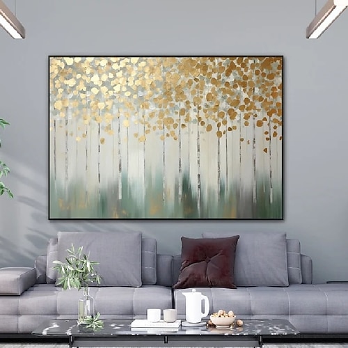 extra großes handgemaltes abstraktes Blumenölgemälde handgemachte Wandkunst große Spachtellandschaftsgemälde Frühlingsgold-Bule-Blumengemälde moderne dekorative Baumgoldfoliengemälde Raumkunst Image
