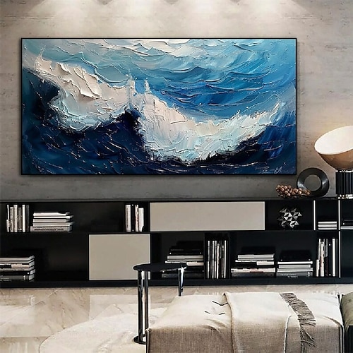 handgemachtes 3D-Ozean-Ölgemälde, handgemachte Wandkunst, blaues riesiges Wellen-Ölgemälde auf Leinwand, handgemaltes Meereswellen-strukturiertes 3D-abstraktes Gemälde, Strandlandschaft, Himmel, Image