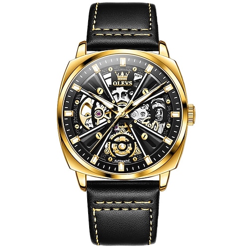 Olevs 6685 Automatikuhr für Herren, goldenes Skelett, Edelstahl, wasserdicht, Lederarmband, sportliche mechanische Herrenarmbanduhren