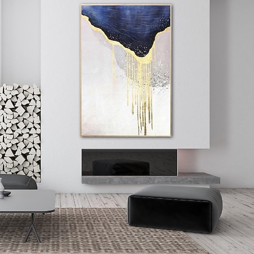 handgemachtes handgemaltes Ölgemälde auf Leinwand in Goldfolie, modernes abstraktes Gemälde auf Leinwand in Blau und Gold, Heimdekoration, Dekor, Leinwandgemälde für Schlafzimmer, Wohnzimmer, Image