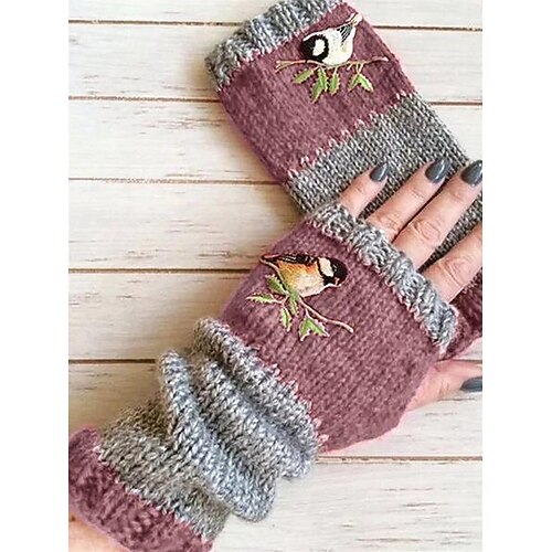 handgestrickte fingerlose Handschuhe mit Vogelstickerei - kuschelige Winterhandschuhe für Damen, warme Armstulpen aus gestrickter Wolle Image