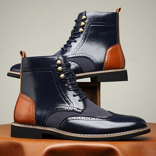 Herren-Stiefeletten im Vintage-Stil im Brogue-Stil – braunes und schwarzes Kunstleder mit Tweed-Einsatz, klassisches Schnürdesign für formelle und legere Anlässe, elegante Stiefel im Retro-Stil Image