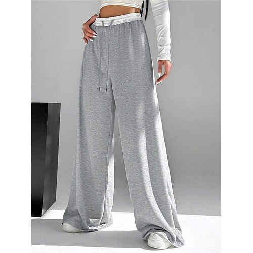 Damen Jogginghose Weites Bein Chinos Mode Streetwear Volle Länge Hohe Taille Einfach Tasche Elastischer Bund Bequem Weich Mikroelastisch Outdoor Straße Schwarz Grau Frühling Herbst Normale Passform Image