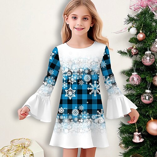 Mädchen' 3D Plaid Schneeflocke Schneeflockenkleid Rüschenkleid Langarm 3D-Druck Herbst Winter Urlaub Sport Natur Täglich Kuschelig Brautkleider schlicht Schön kinderkleidung 3-12 Jahre Casual kleid Image