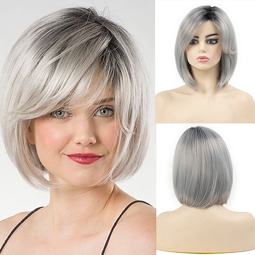 Kurze graue Perücken für Frauen, Bob-Perücke, natürliche glatte Perücke mit Seitenscheitel für das tägliche Party-Cosplay Image