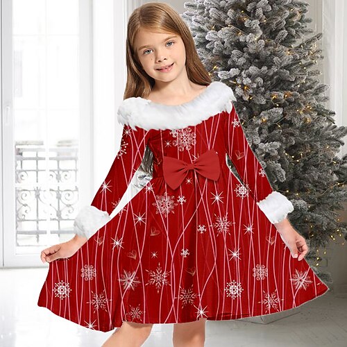 kinderkleidung Mädchen Weihnachtsoutfit Kleid Schneeflockenkleid Schneeflocke Langarm Casual Pelzkragen Rundhalsausschnitt bezaubernd Täglich Polyester Übers Knie Casual kleid Schaukelkleid A Linie Image