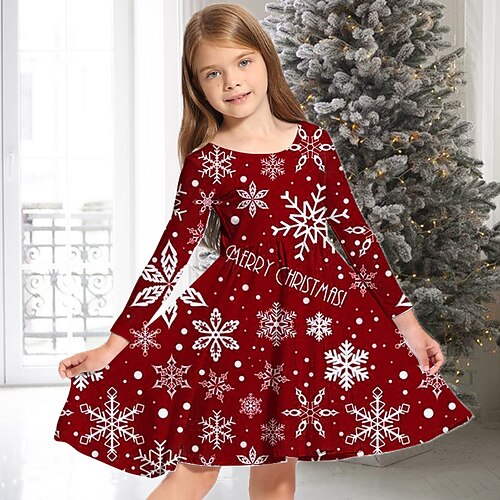 kinderkleidung Mädchen Weihnachtsoutfit Kleid Schneeflockenkleid Schneeflocke Langarm Casual Rundhalsausschnitt bezaubernd Polyester Übers Knie Casual kleid Schaukelkleid A Linie Kleid Herbst Winter Image