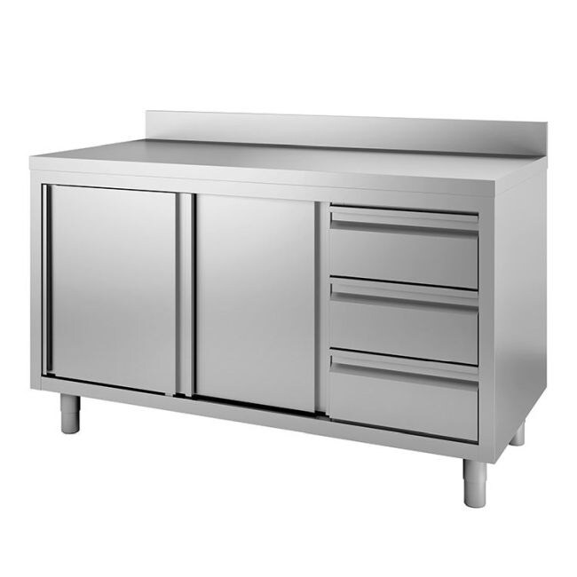 Gastro-Inox Arbeitsschrank mit Drehtüren 3 Schubladen und Aufkantung 1400x600x880mm Image