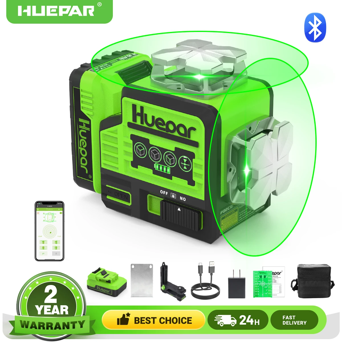 Huepar 360° ° Laser Level Selbstnivellierende Bluetooth-Fernbedienung Green Beam Cross Line 2D-Laser mit Li-Ionen-Akku mit großer Kapazität Image