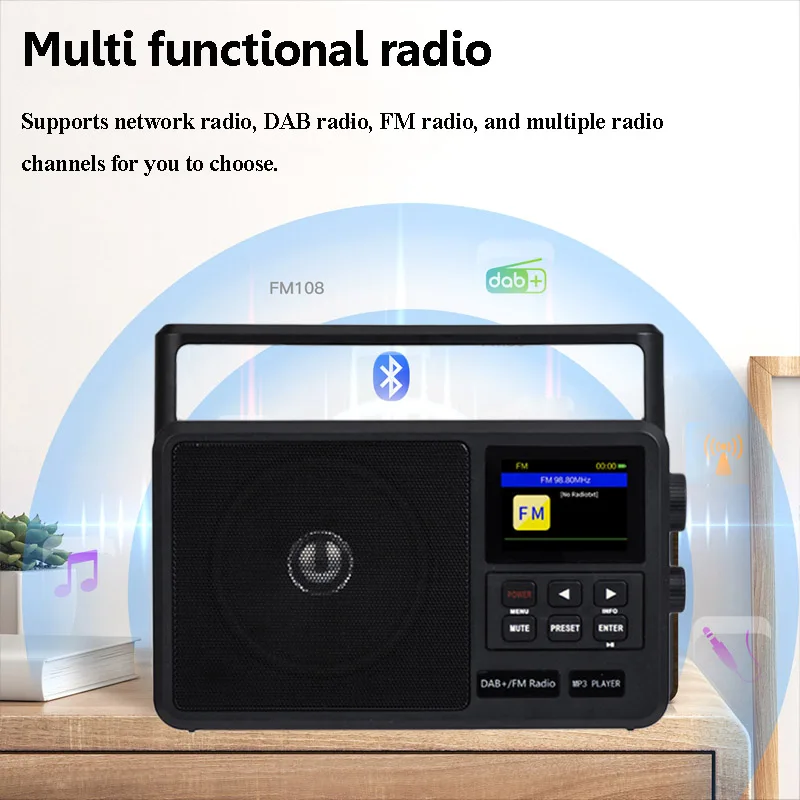 Tragbares Internetradio, bester Empfang, FM-DAB+-Radios, kabelloser Bluetooth-Lautsprecher mit LCD-Bildschirm, unterstützt Wecker, Schlaftimer Image