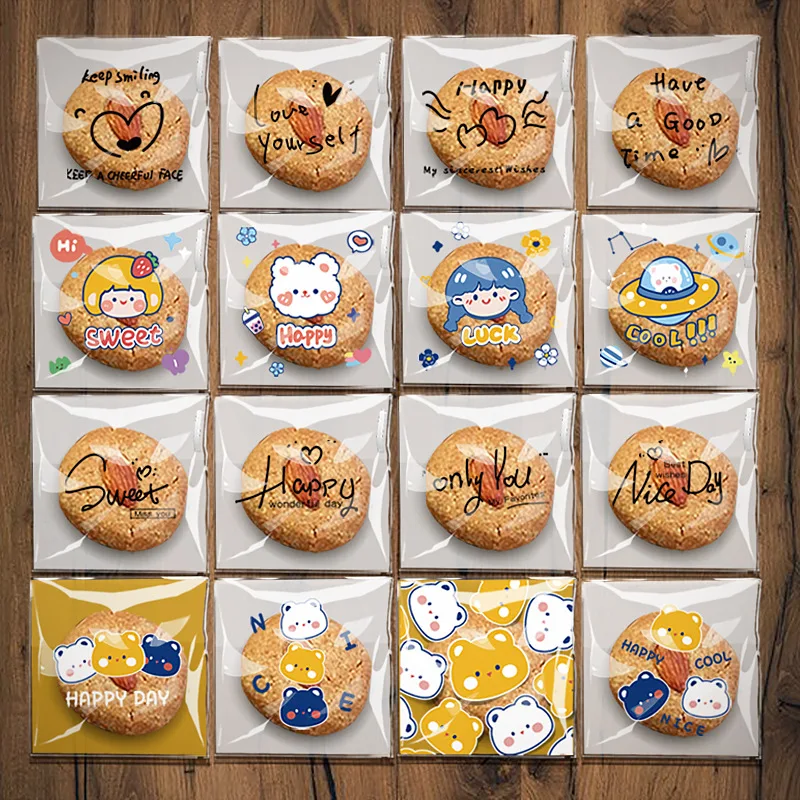 100 stücke Plastik Cartoon Brief selbst klebende Tasche Bäckerei Verpackung Keks Snack Süßigkeiten Taschen für Hochzeits feier Geschenk Geburtstags dekor Image