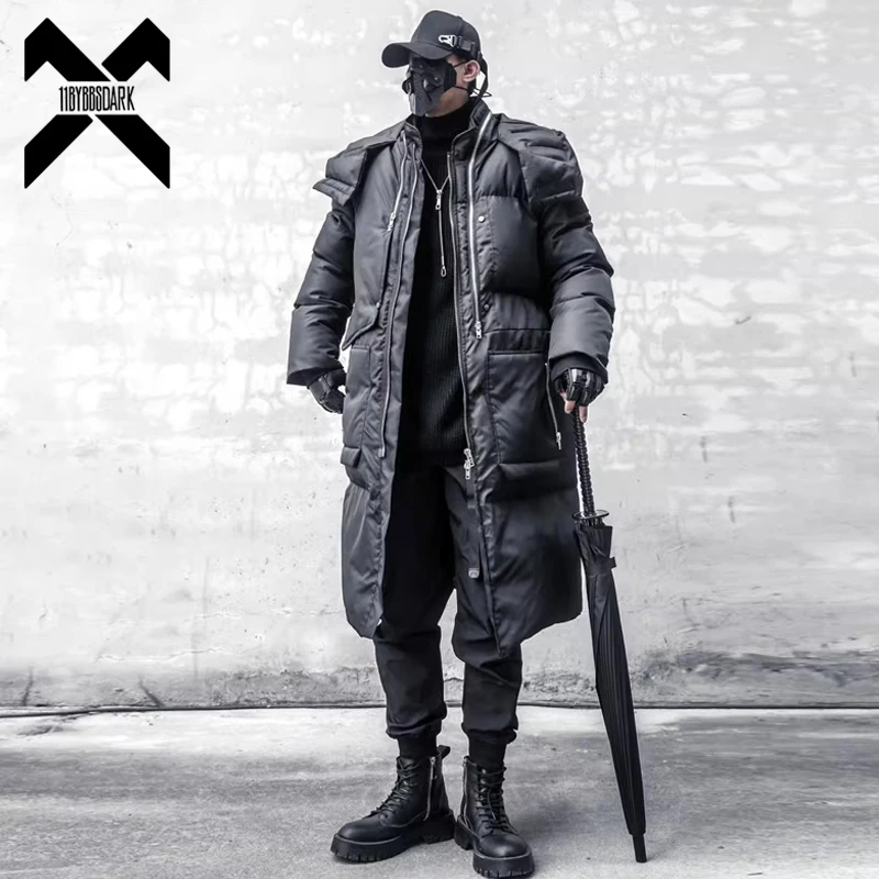2023 Winter schwarz Parkas dicke Jacke Wind jacke Männer Kapuze lange gepolsterte Mäntel Streetwear Herren Hip Hop warmen Mantel