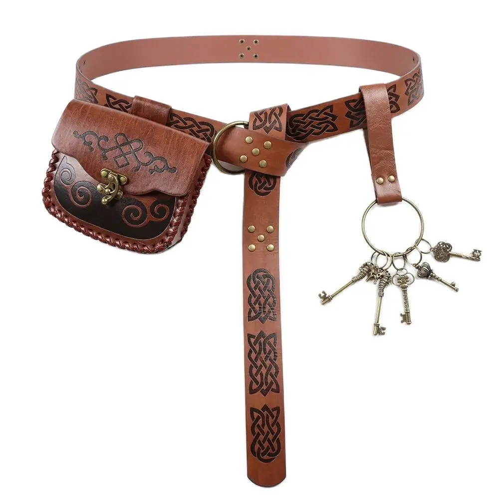 4-teiliges mittelalterliches Renaissance-Halloween-Zubehör-Set, Ritter im Freien, geprägter Gürtel und seitliche Taillentasche, Schlüsselanhänger, Aufbewahrungsanhänger Image